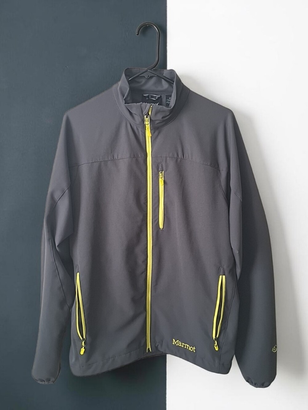 Marmot Men's Charcoal Softshell Jacket with Yellow Accents